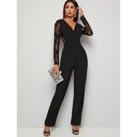Lace Detail Black Elegant V-Neck Jumpsuit - Picture 4 of 13